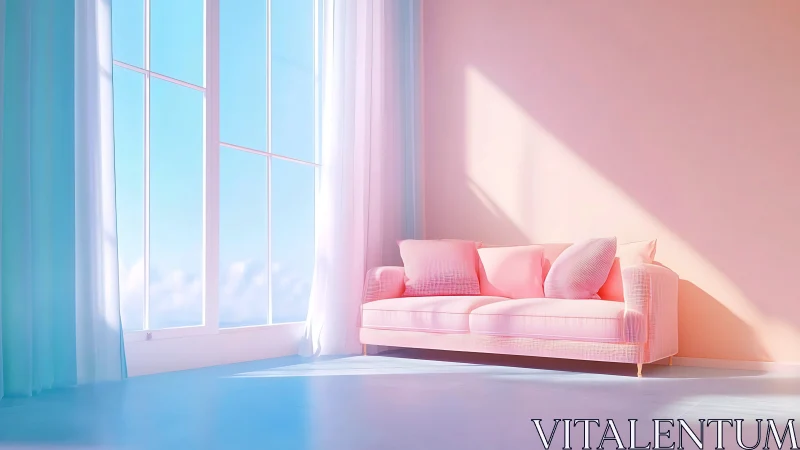 Cotton-candy sofa basking in dreamy pastel morning light.