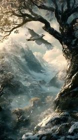 Eagle glides through spellbound winter mountainscape glow.