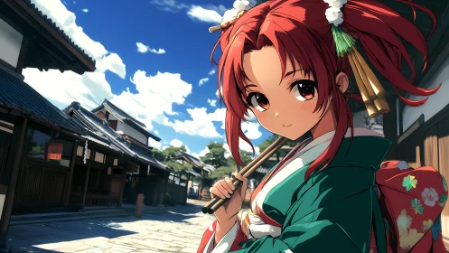 Kimono street daydream with shy red haired festival guide.