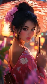 Woman in floral kimono holding parasol in evening light.