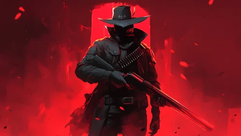 Masked gunslinger silhouette in red backlit digital art.