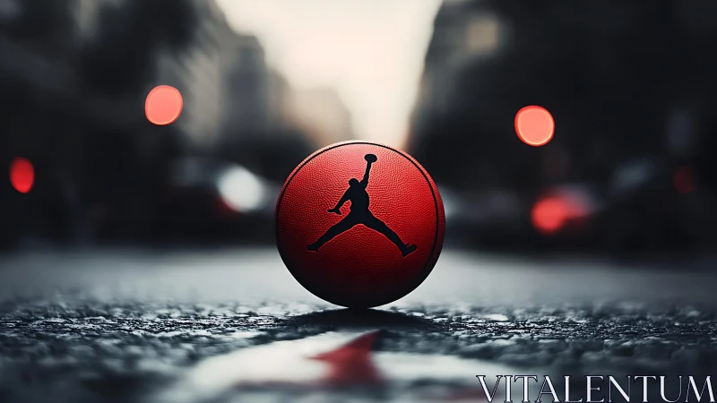 Red basketball rests on wet city street at dusk.