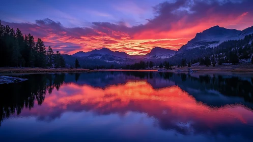 Mountain lake reflects vivid magenta and blue sunset sky