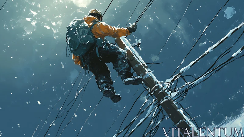 Brave line worker climbing snowy pole under icy winter sky.