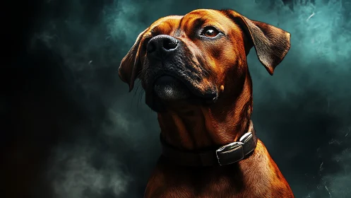 Cinematic low‑key portrait of brown short‑haired guard dog