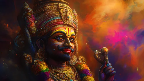 Divine warrior idol in luminous multicolor digital rendering.