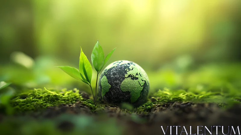 Earth globe with green plant sprout in natural forest setting, eco style.