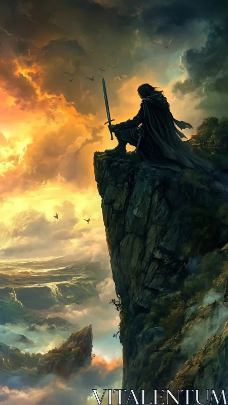Lone cloaked warrior on cliff above vast fantasy valley.