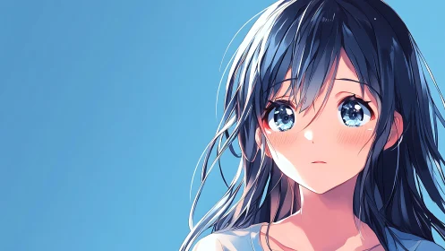 Soft blue morning sky cradles a thoughtful anime girl