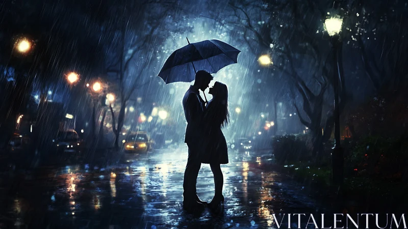 Silhouetted couple embracing beneath umbrella in rain-soaked urban street.