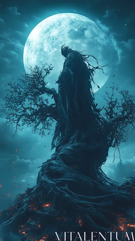 Twisted tree figure silhouetted against full blue moon.