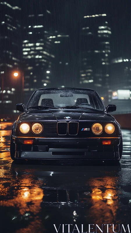 Photorealistic BMW M3 night portrait with cinematic rain reflections.