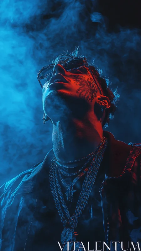 Cinematic low angle portrait with red blue split lighting haze