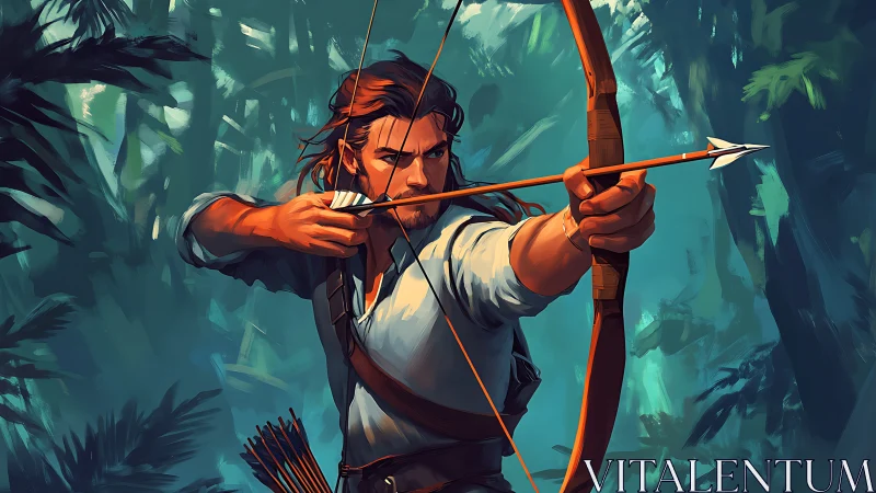 Forest archer draws bow in dynamic digital illustration.