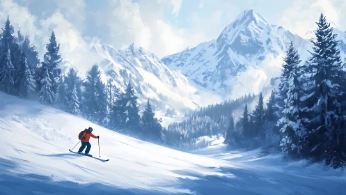 Skier on Alpine Slope with Snow-Covered Mountains.
