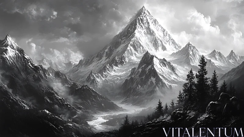 Snow crowned mountains rise above a calm misty valley