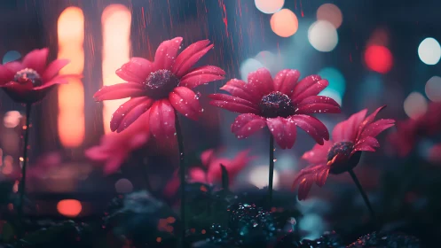 Red Daisies Rain Neon Glow Urban Scene