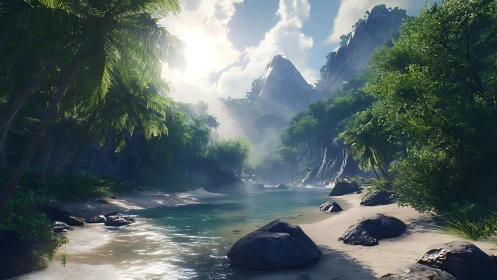 Limestone Karst Cove with Tropical Vegetation and Tidal Beach