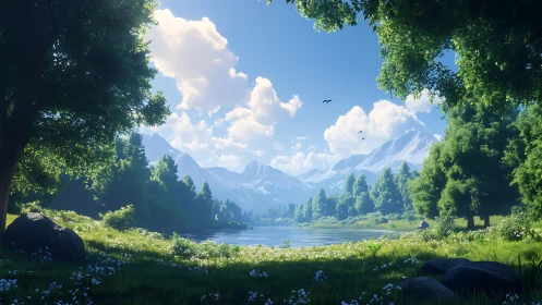 Morning light choreographs a tranquil valley by the lake