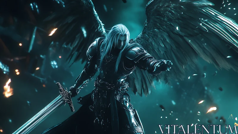 Midnight winged warrior stands ready with a shining sword