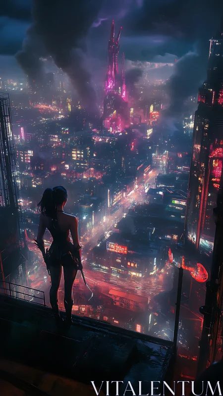Neon storm city hums while a lone rooftop watcher waits