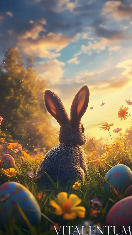 Rabbit in wildflower meadow with decorated eggs at sunset.