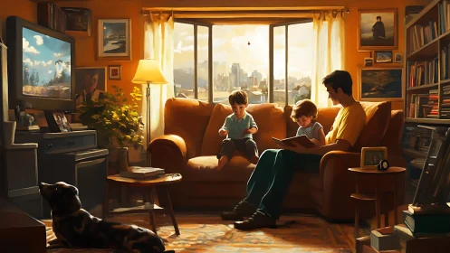 Warm digital painting of father reading to children at home.