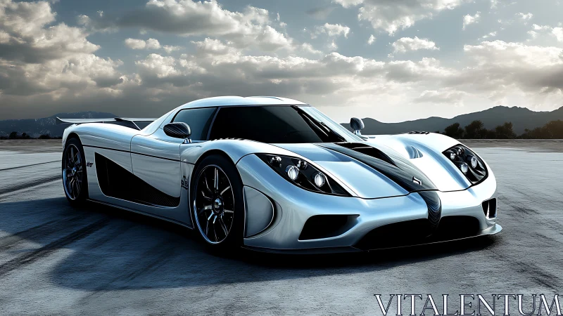 Silver and black sports coupe on open flat landscape.