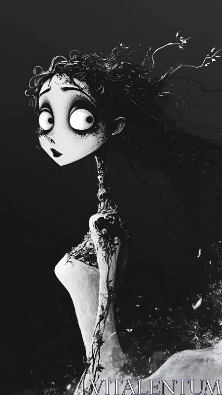 Gothic monochrome bride dissolving into swirling darkness.