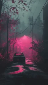 Abandoned roadside car under neon magenta fog horizon.