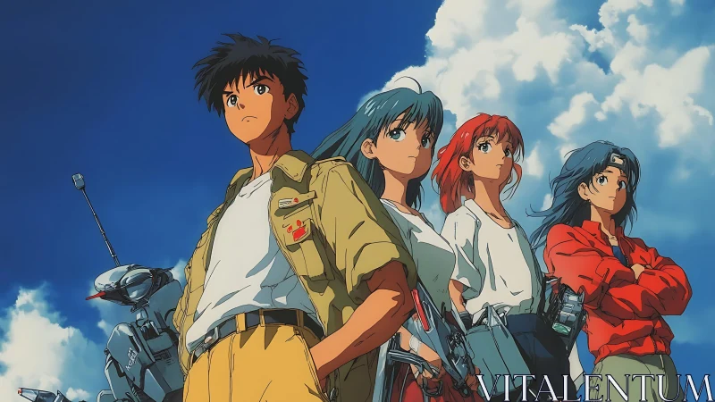 Anime pilots stand united beneath towering summer clouds.