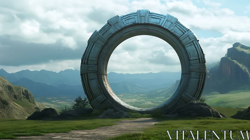 Monolithic sci fi ring gate overlooking serene valley.