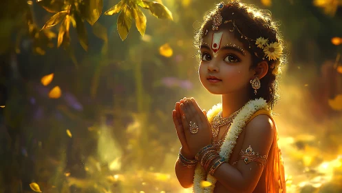 Devotional child in ornate attire under warm golden light.