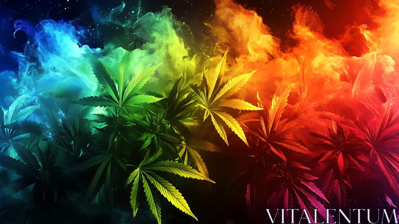 Cannabis leaves glow beneath luminous rainbow smoke field.