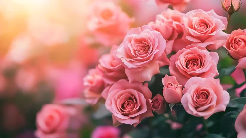 Blooming Pink Roses in Soft Golden Sunlight.
