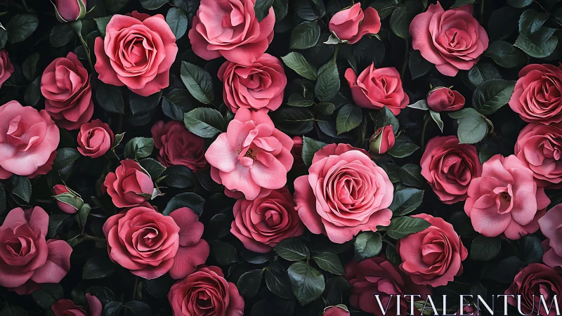 Pink Roses in Deep Foliage. Floral Abundance.