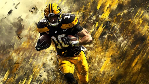 American football player runs forward through abstract field