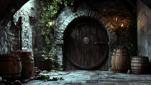 Medieval cellar door with ivy, barrels, and torchlight glow.