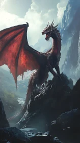 Red-winged dragon on jagged mountain ridge in misty valley.