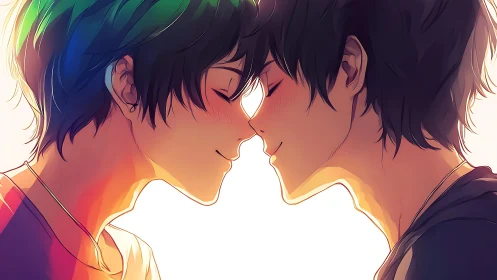Tender nose touch between two young men in anime style.