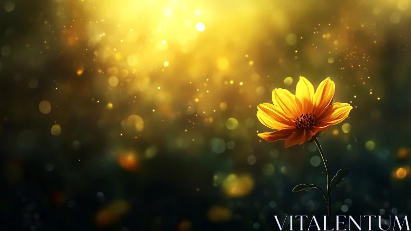 Golden flower glows against dreamy bokeh light field.