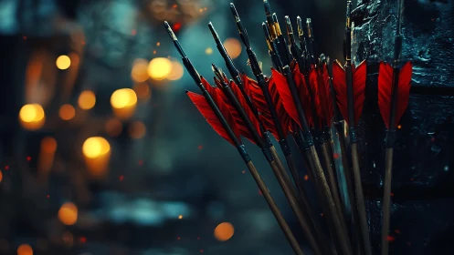 Cluster of red-fletched arrows against defocused bokeh torchlight