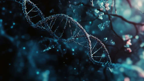 Gentle spiral of glowing DNA in a dreamy night forest.