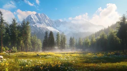 Sunlit alpine meadow opens below misty snow-capped peaks