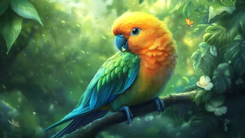 Vibrant Parrot on Branch in Magical Forest, Digital Art Style.