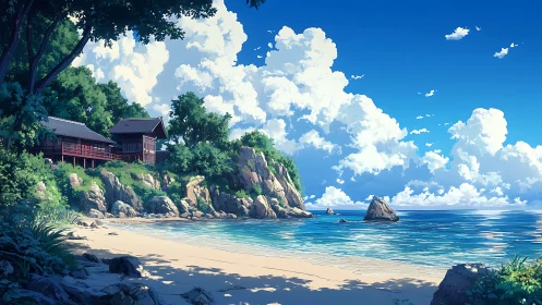 Sunlit seaside shrine rests quietly above a gentle cove