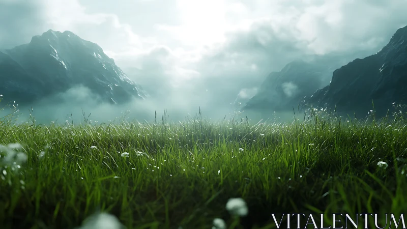 Morning meadow breathes quietly beneath sleeping mountains