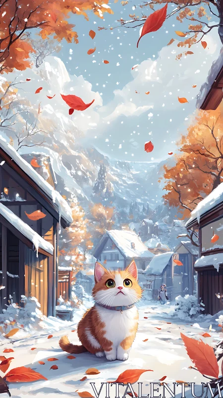 Curious kitten watches autumn leaves in snowy village street.