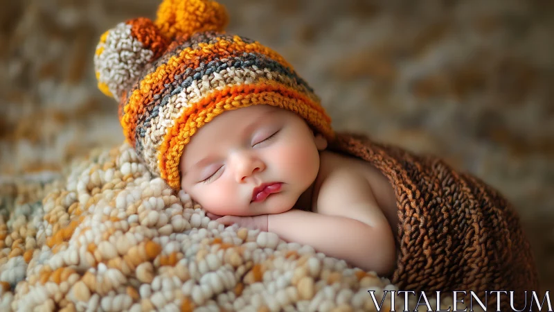 Sleeping newborn in colorful knit hat and brown wrap.