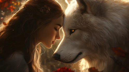 Woman and white wolf touch foreheads in soft backlighting